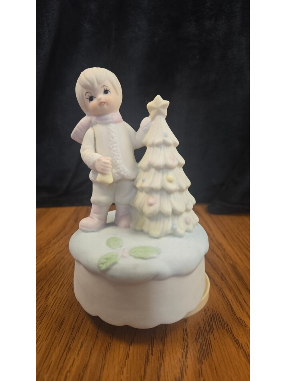 Vintage Porcelain Christmas Music Box with Child and Tree Figurine